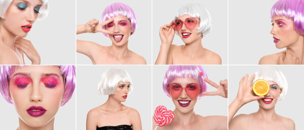 Beauty collage with fashionable young woman wearing wigs on light background