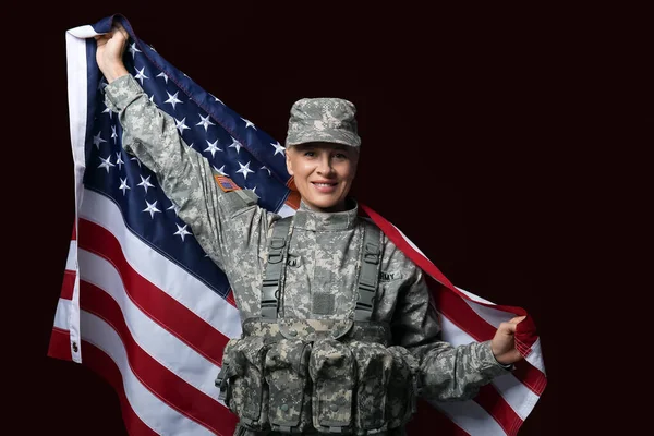 Mature Female Soldier Usa Flag Black Background — Zdjęcie stockowe