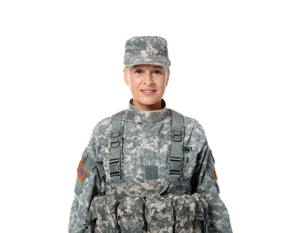 Mature Female Soldier White Background — Stockfoto