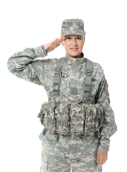 Mature Female Soldier Saluting White Background — Stockfoto