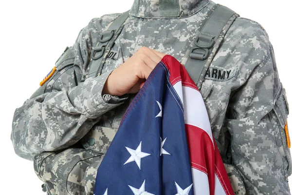 Mature Female Soldier Usa Flag White Background Closeup — стоковое фото