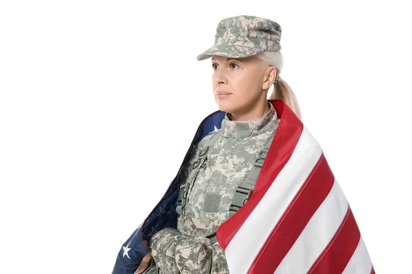 Mature Female Soldier Usa Flag White Background — Foto de Stock