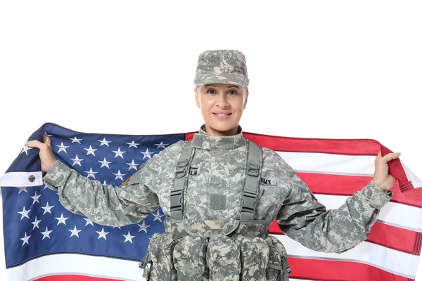 Mature Female Soldier Usa Flag White Background — Stock Photo, Image