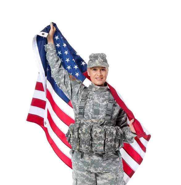 Mature Female Soldier Usa Flag White Background — Stock Photo, Image