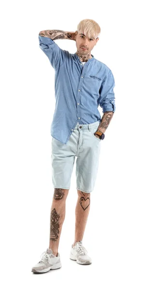 Young Tattooed Man Denim Shirt White Background — Zdjęcie stockowe