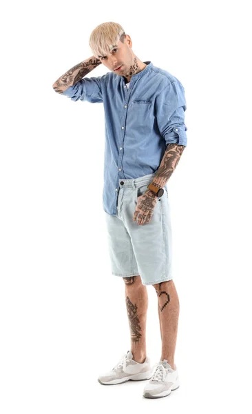 Young Tattooed Man Denim Shirt White Background — Zdjęcie stockowe