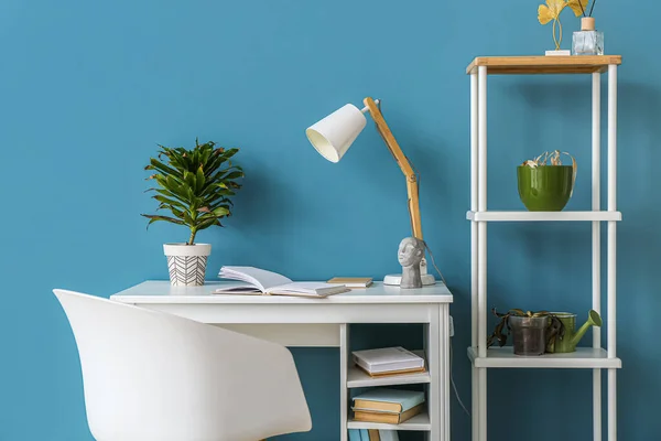 Workplace Wilted Houseplants Shelving Unit Blue Wall — Stock Fotó