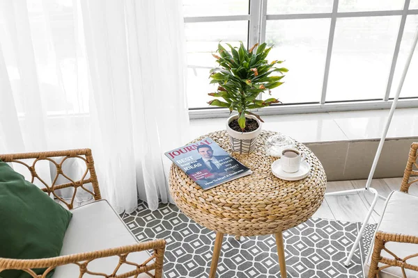 Wilted Houseplant Cup Coffee Magazine Table Living Room — Photo