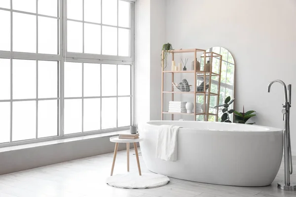 Interior Light Bathroom Wooden Shelving Unit Mirror — Photo