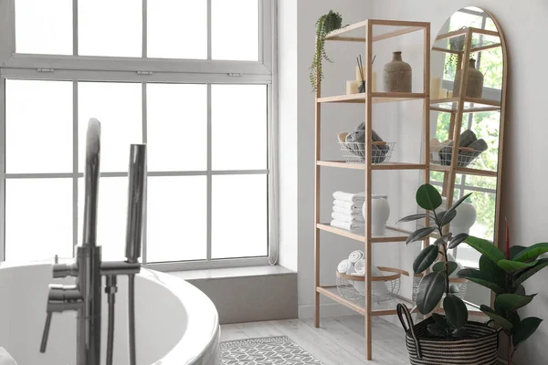 Interior Light Bathroom Wooden Shelving Unit Mirror — Stok Foto