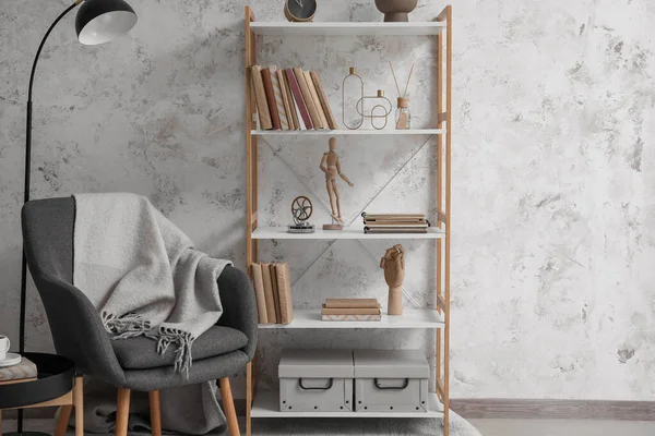 Interior Modern Living Room Bookcase Armchair Lamp — Stockfoto