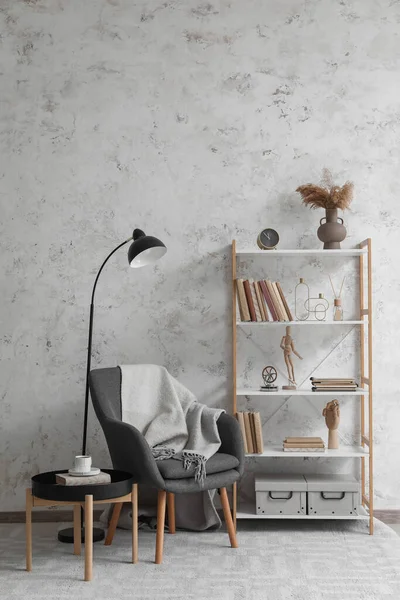 Interior Modern Living Room Bookcase Armchair Lamp —  Fotos de Stock