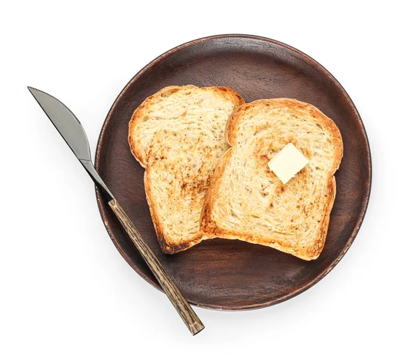 Plate Tasty Toasts Piece Butter Knife White Background — Fotografia de Stock