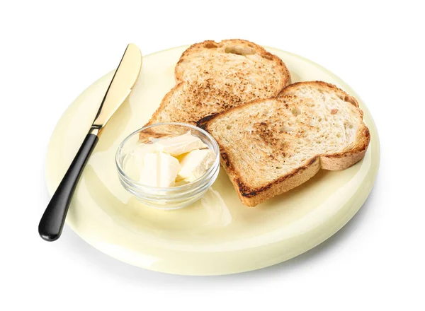 Plate Toasts Knife Bowl Butter White Background — Photo