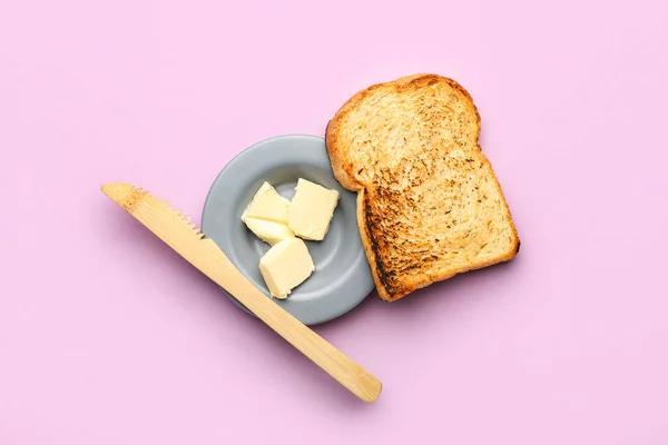 Bowl Butter Toast Knife Pink Background — Stock Photo, Image