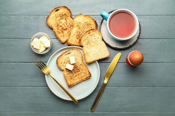 Tasty Breakfast Toasts Dark Wooden Background — 스톡 사진