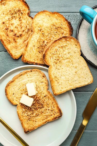 Plate Toasts Butter Dark Wooden Background Closeup — Φωτογραφία Αρχείου