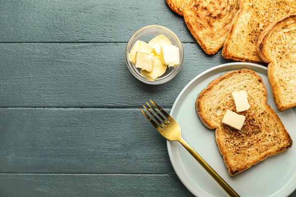 Plate Toasts Bowl Butter Dark Wooden Background — Fotografia de Stock