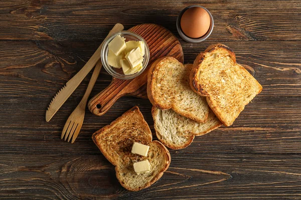Composition Toasts Butter Egg Wooden Background — 스톡 사진
