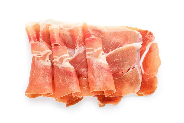 Slices Delicious Jamon White Background — Φωτογραφία Αρχείου