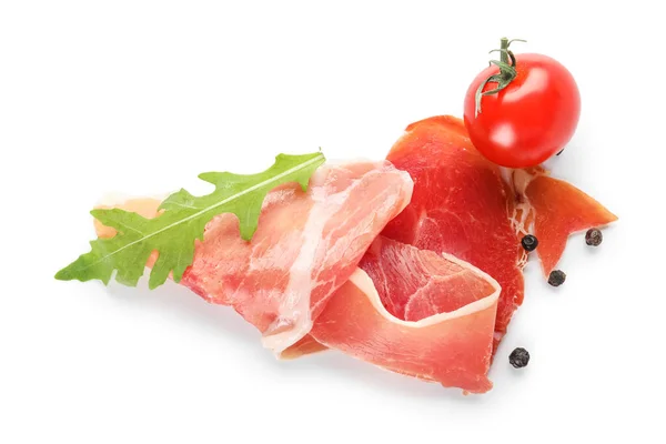 Slice Delicious Jamon Peppercorns Tomato White Background — Φωτογραφία Αρχείου