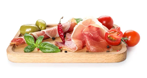 Wooden Board Delicious Jamon Tomatoes Olives Spices White Background — Stok fotoğraf