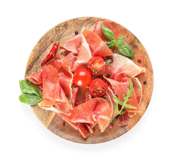 Wooden Plate Delicious Jamon Tomatoes Spices White Background — Stock Photo, Image