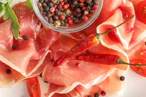 Slices Delicious Jamon Bowl Peppercorns Closeup — Stock Photo, Image