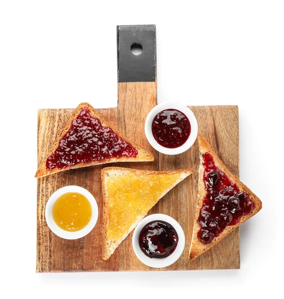 Wooden Board Toasts Bowls Sweet Jam White Background — Photo