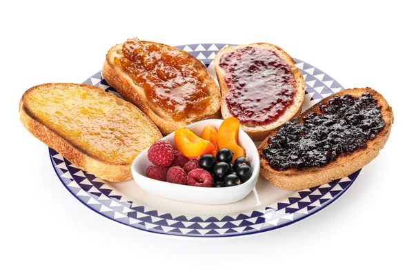 Plate Delicious Toasts Jam Berries Fruits White Background — Photo