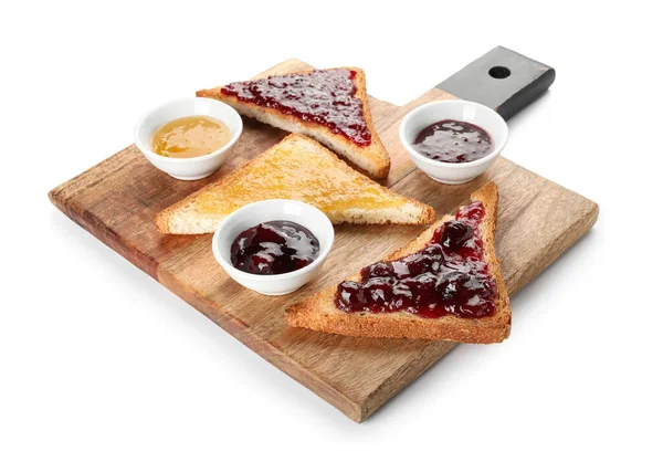 Wooden Board Toasts Bowls Sweet Jam White Background — Photo