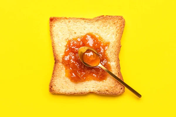 Toast Sweet Jam Spoon Yellow Background — Stock Photo, Image