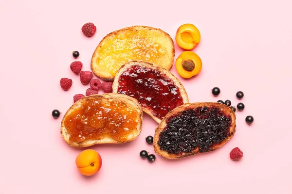 Toasts Different Jams Pink Background — Stock Photo, Image