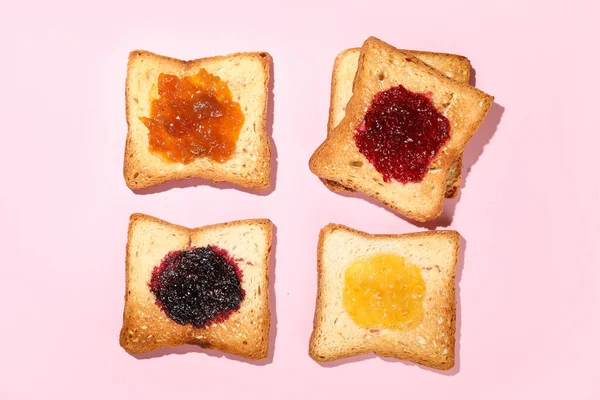 Toasts Different Jams Pink Background — Stok fotoğraf