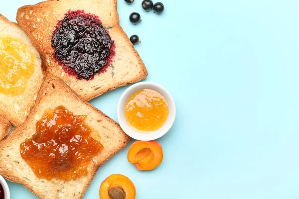 Delicious Toasts Sweet Jams Color Background — Φωτογραφία Αρχείου
