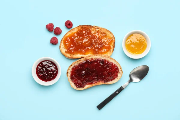 Composition Toasts Bowls Jams Color Background — Stock Photo, Image