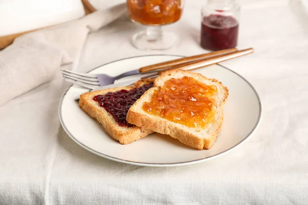 Plate Delicious Toasts Jams Table — стоковое фото