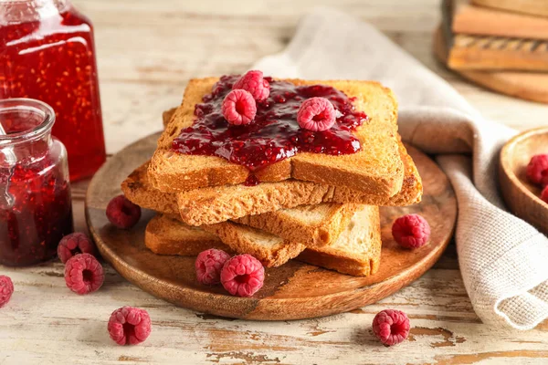 Plate Tasty Toasts Raspberry Jam White Wooden Background Closeup — Photo
