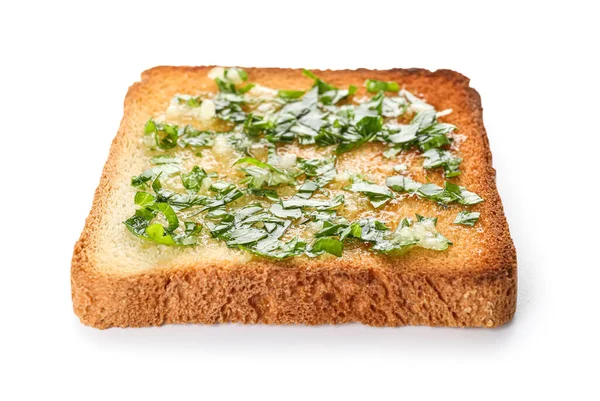 Slice Toasted Garlic Bread Parsley White Background — Fotografie, imagine de stoc