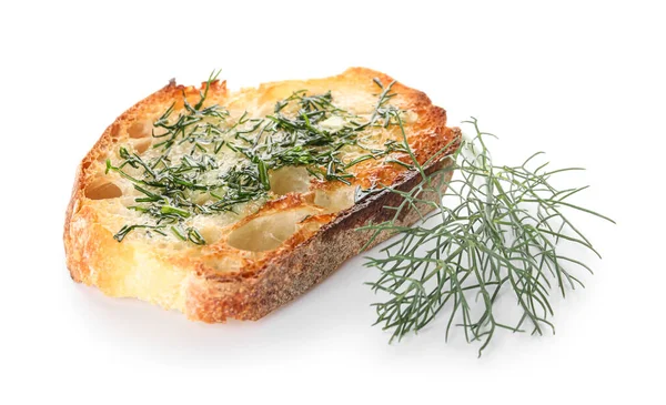 Slice Toasted Garlic Bread Dill White Background — Stok fotoğraf