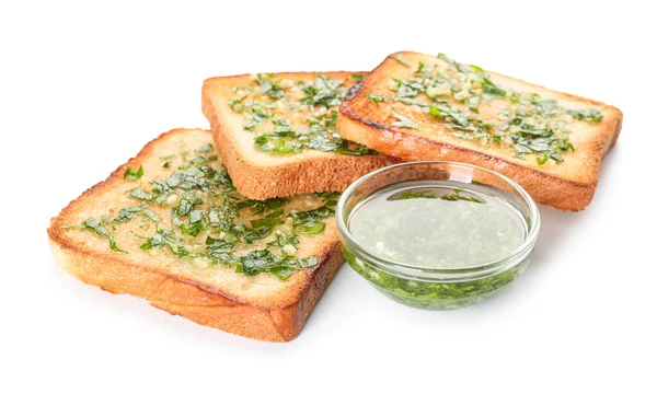 Slices Toasted Garlic Bread Bowl Oil White Background — Stock Photo, Image