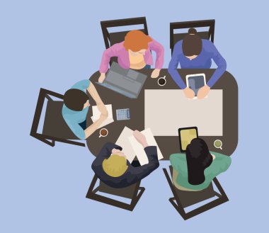 Office workers having business meeting, top view