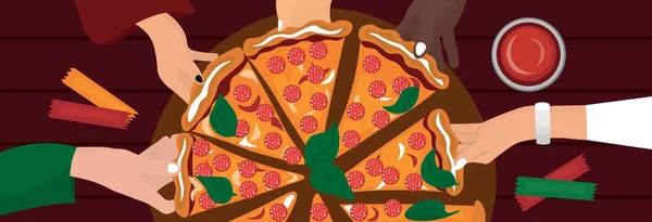 Hands Taking Pieces Tasty Pizza Board Dark Background Top View — стоковый вектор