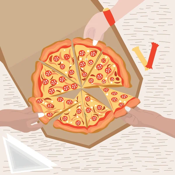 Hands Taking Pieces Tasty Pizza Cardboard Box Top View — стоковый вектор