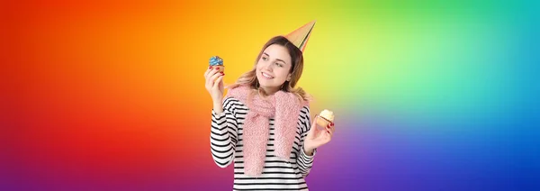 Beautiful Young Woman Birthday Cupcakes Rainbow Background — стоковое фото