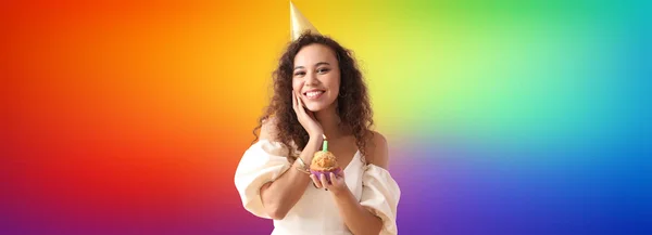 Beautiful African American Woman Birthday Cake Rainbow Background — Foto Stock