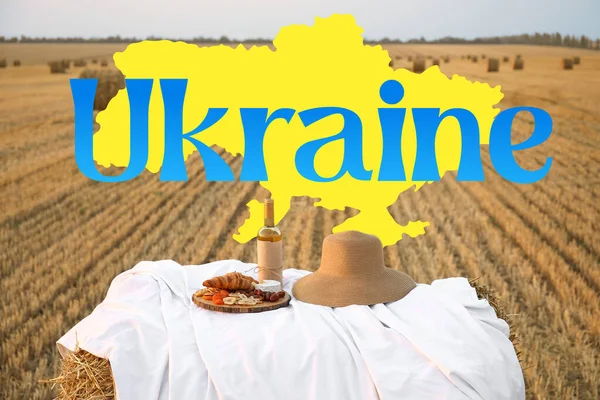 Picnic Tasty Food Wine Harvested Field Word Ukraine — 스톡 사진