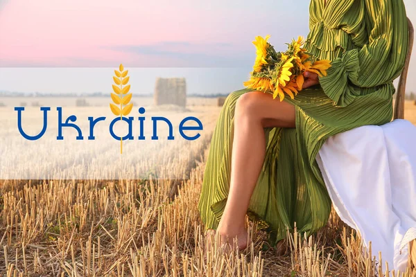 Young Woman Sunflowers Sitting Harvested Field Word Ukraine — Fotografia de Stock