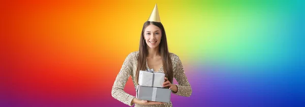 Beautiful Young Woman Birthday Gifts Rainbow Background — 스톡 사진