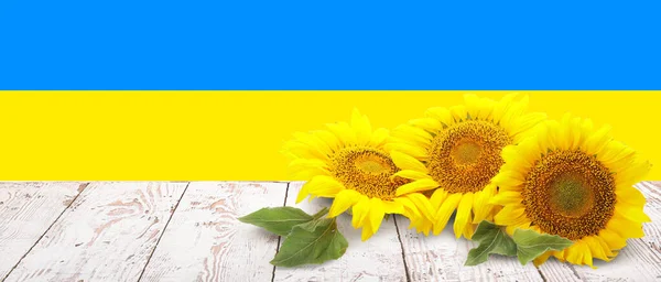 Beautiful Sunflowers Wooden Table Flag Ukraine — стокове фото